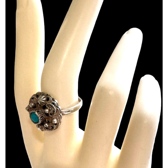 Antique Mexican Sterling Silver Filigree Flower Ring Turquoise Stone Sz 7.75 - Picture 10 of 10